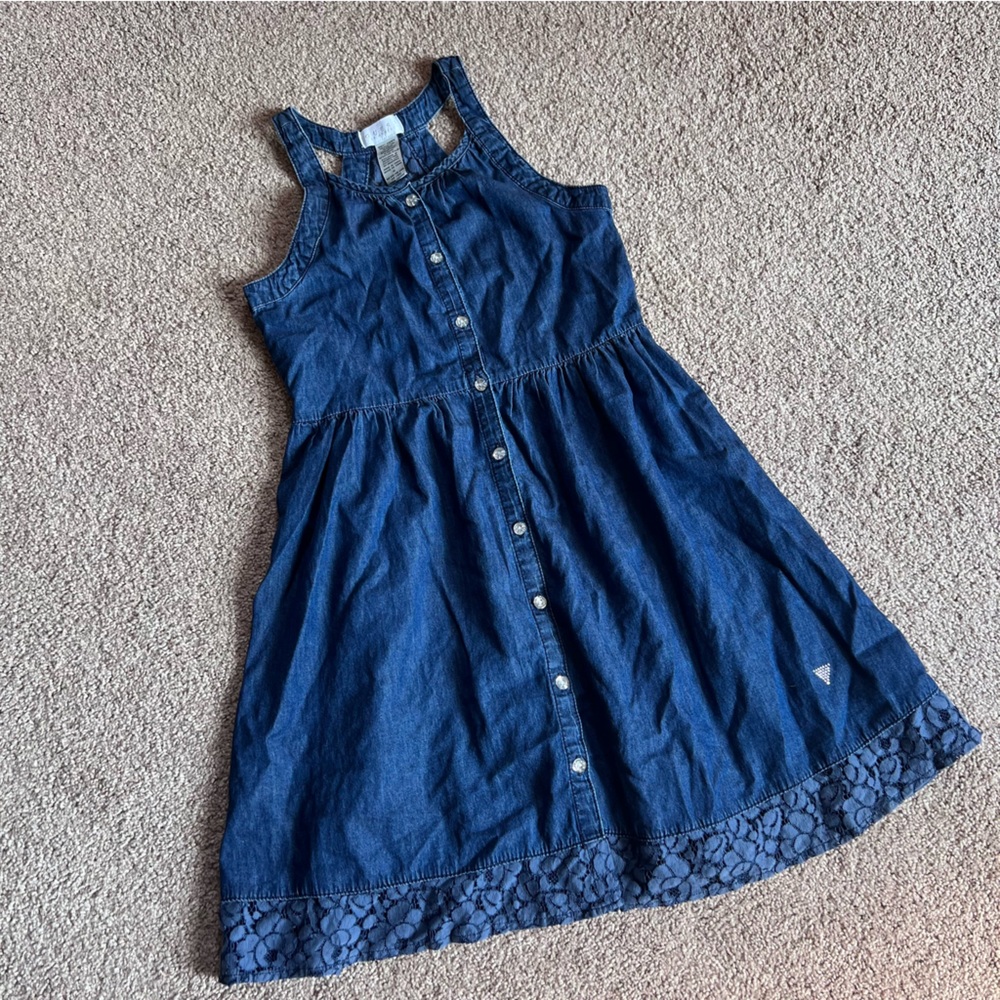 Girls denim lace crystal dress Guess 14 Large tank church school dance casual